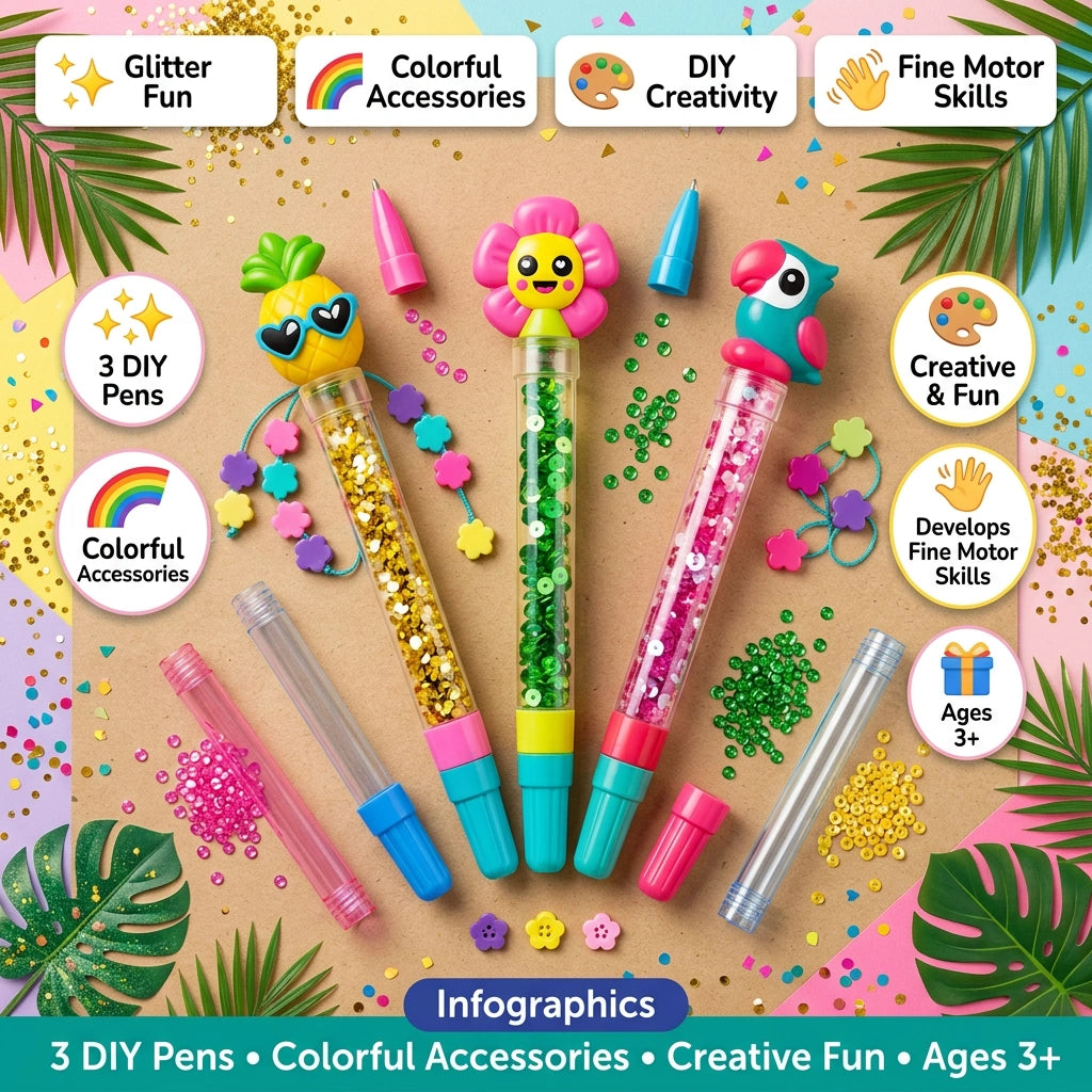 DIY Create Your Own Tropical Glitter Pen (3 pens)