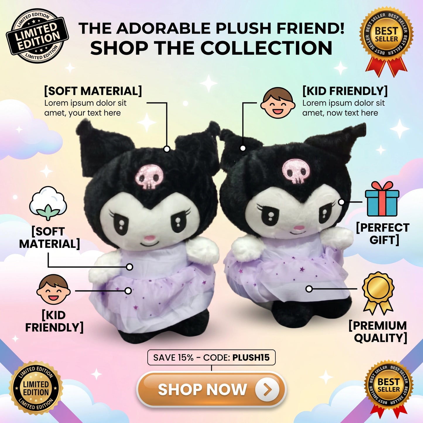 Cute Gothic Princess Plush Doll – Soft Stuffed Character Toy