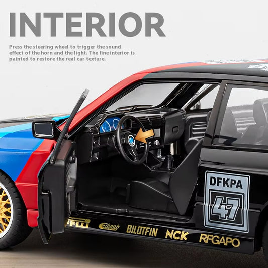 1/24 M3 E30 1988 Mpower Floral Version Alloy Diecast Painting Car Model Sound Light Private Collectibles Decorative Gifts