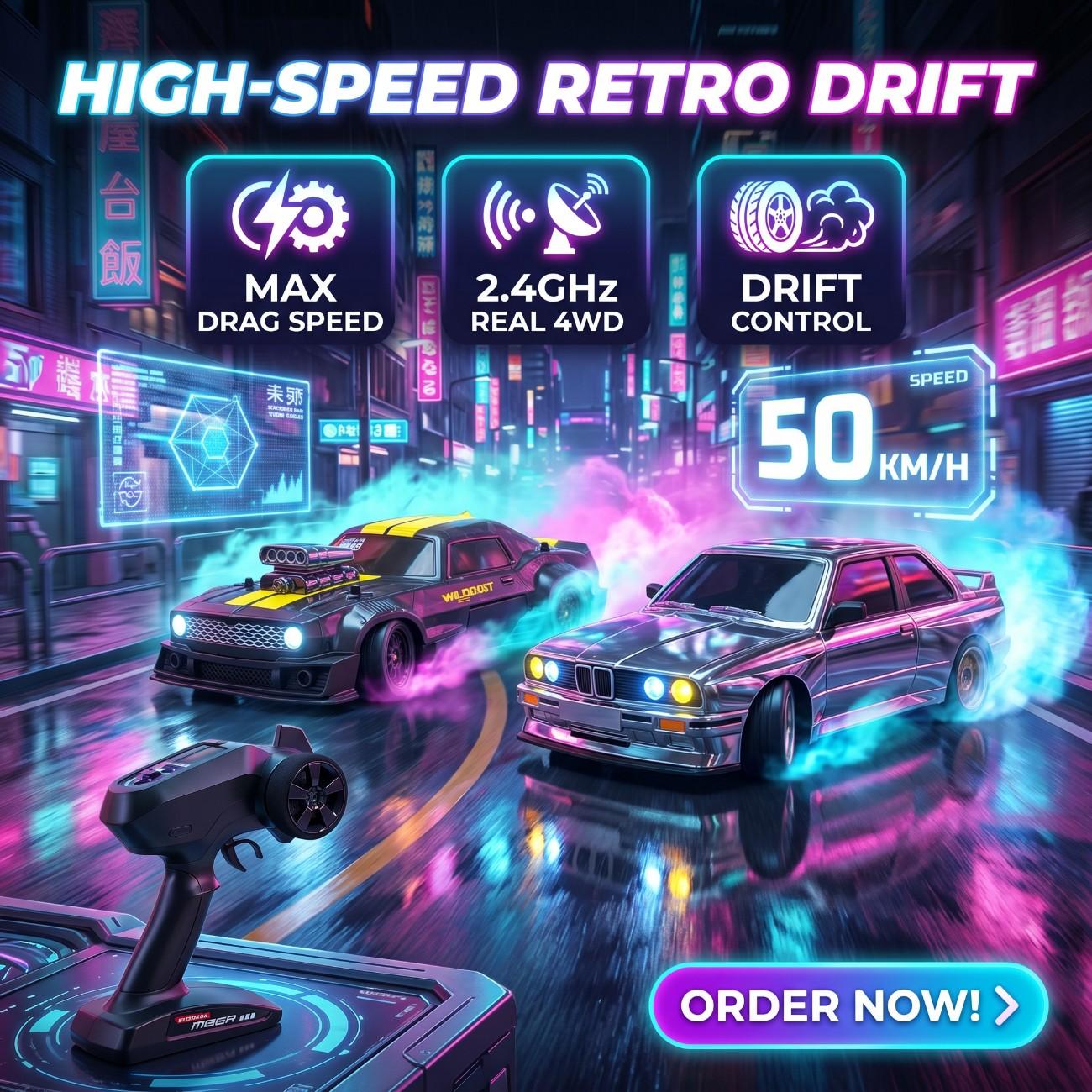 High Speed 50KM/H 1:16 4WD RC Drift Car with Gyro & LED Lights