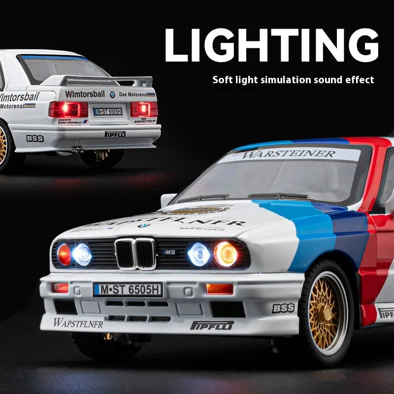 1/24 M3 E30 1988 Mpower Floral Version Alloy Diecast Painting Car Model Sound Light Private Collectibles Decorative Gifts