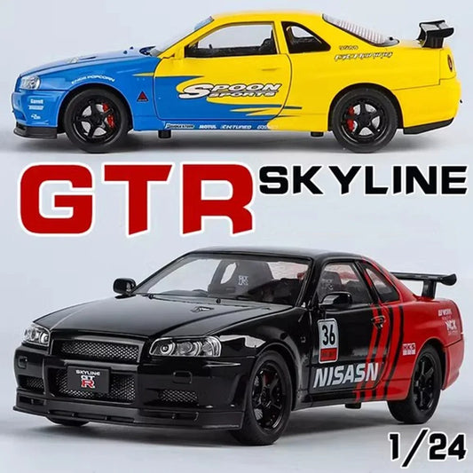 1:24 Scale GTR SKYLINE Alloy Miniature Toys Cars Models with Light Sound 4 Doors Opened Sports Cars