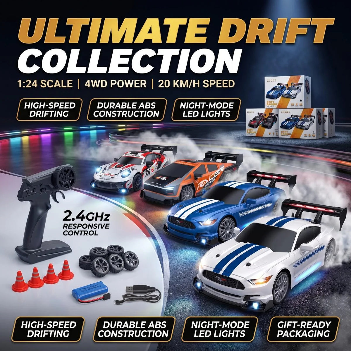 1.24 Scale High-Speed 4WD RC Drift Car 20KMH