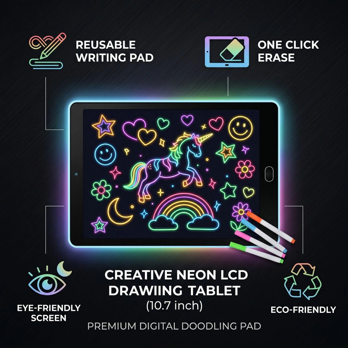 Creative Neon Colorful Light LCD Drawing Tablet 10.7" – Reusable Writing & Learning Pad for Kids