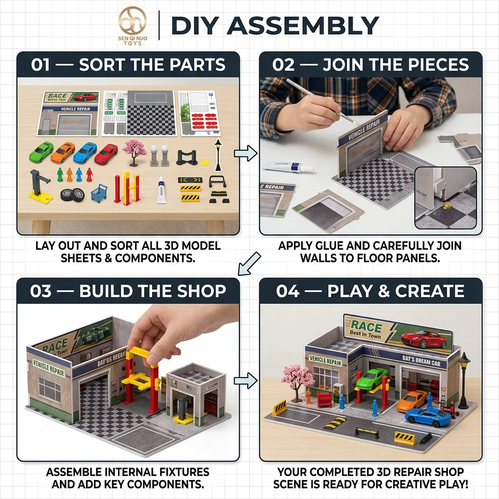 DIY Miniature Repair Shop With 4Pcs Alloy Cars