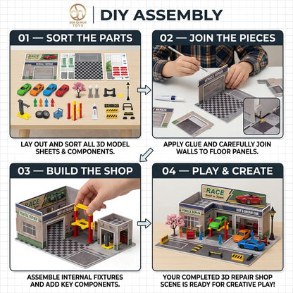 DIY Miniature Repair Shop With 4Pcs Alloy Cars
