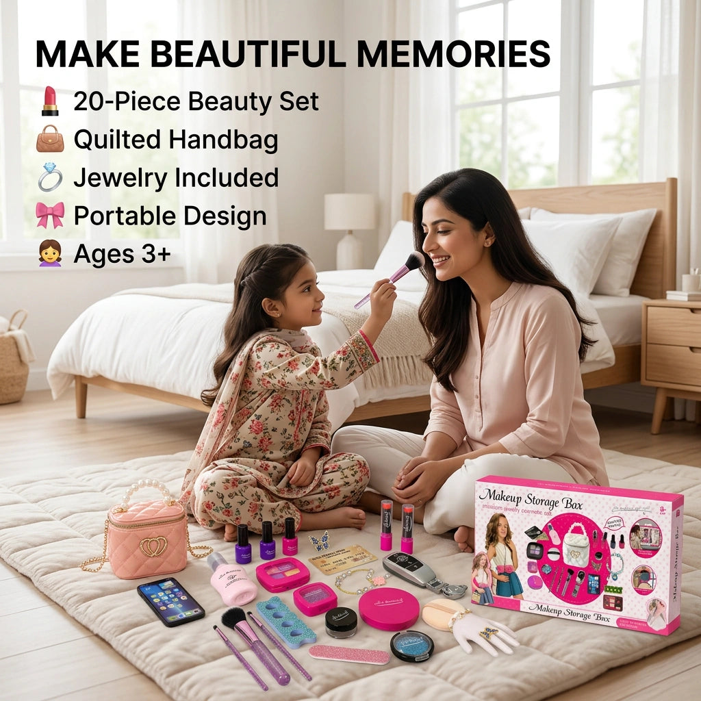Ultimate Glamour Makeup Storage Box – 20-Piece Jewelry & Cosmetic Playset with Quilted Handbag
