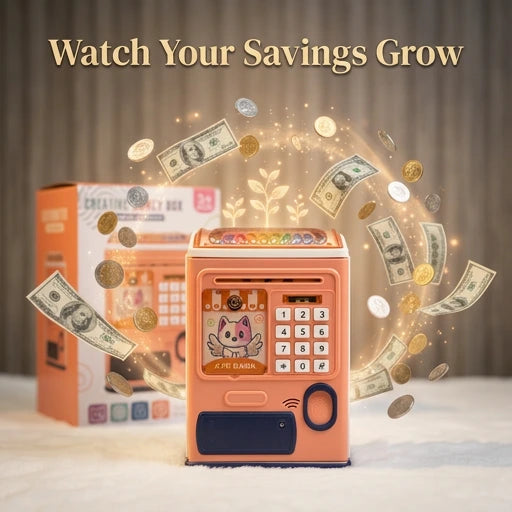 Kids ATM Money Box Electronic Piggy Bank with Fingerprint Sensor, Password Lock, LED Lights & Auto Cash Deposit for Kids