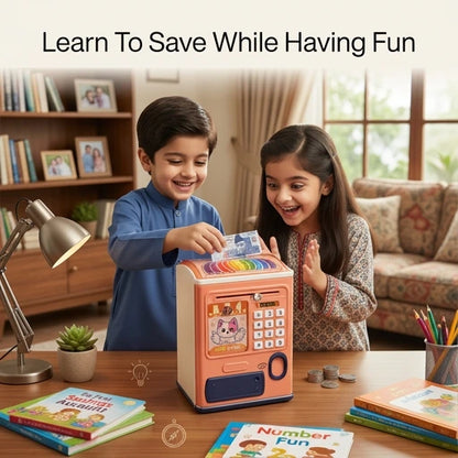 Kids ATM Money Box Electronic Piggy Bank with Fingerprint Sensor, Password Lock, LED Lights & Auto Cash Deposit for Kids