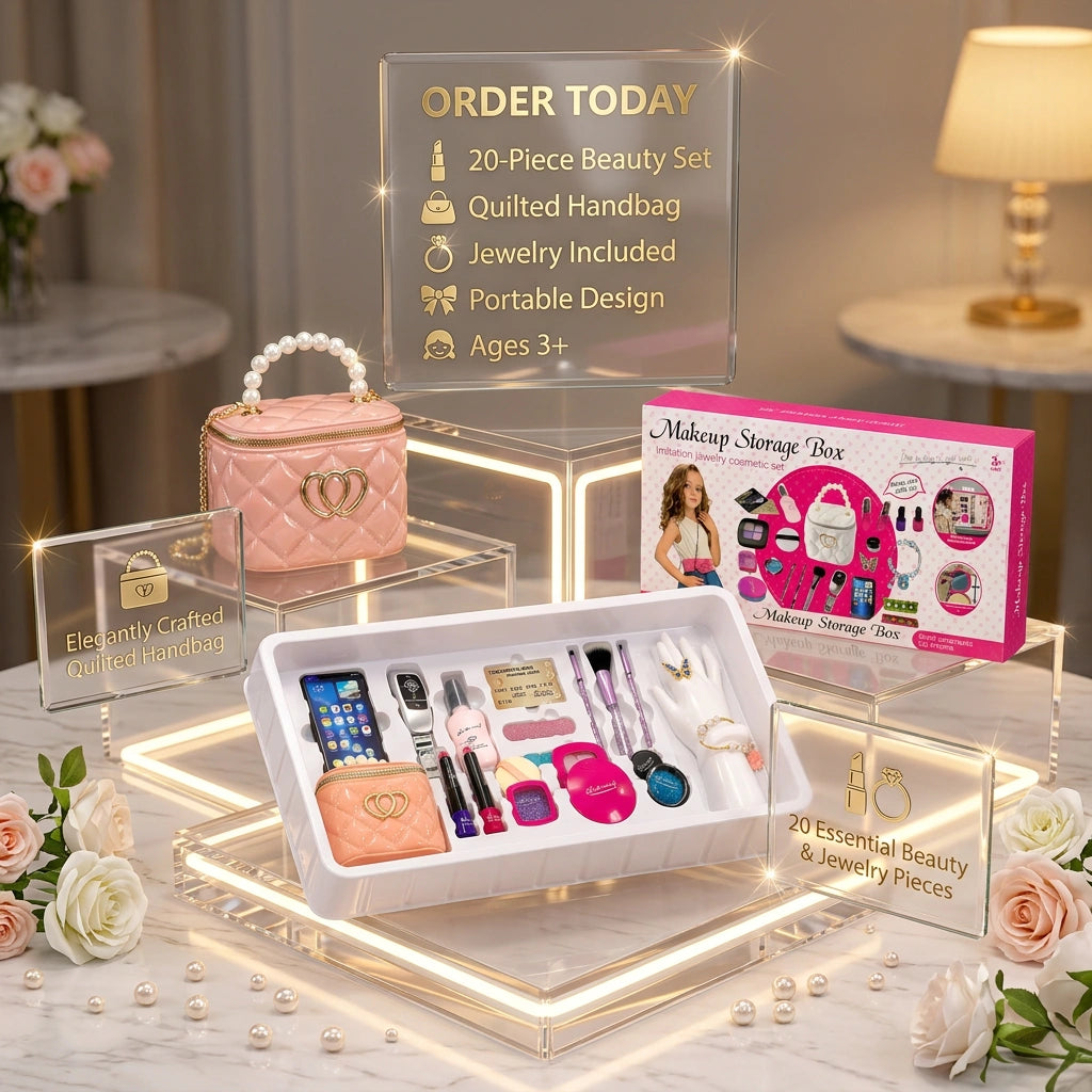 Ultimate Glamour Makeup Storage Box – 20-Piece Jewelry & Cosmetic Playset with Quilted Handbag
