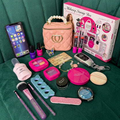 Ultimate Glamour Makeup Storage Box – 20-Piece Jewelry & Cosmetic Playset with Quilted Handbag