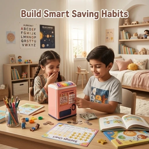 Kids ATM Money Box Electronic Piggy Bank with Fingerprint Sensor, Password Lock, LED Lights & Auto Cash Deposit for Kids