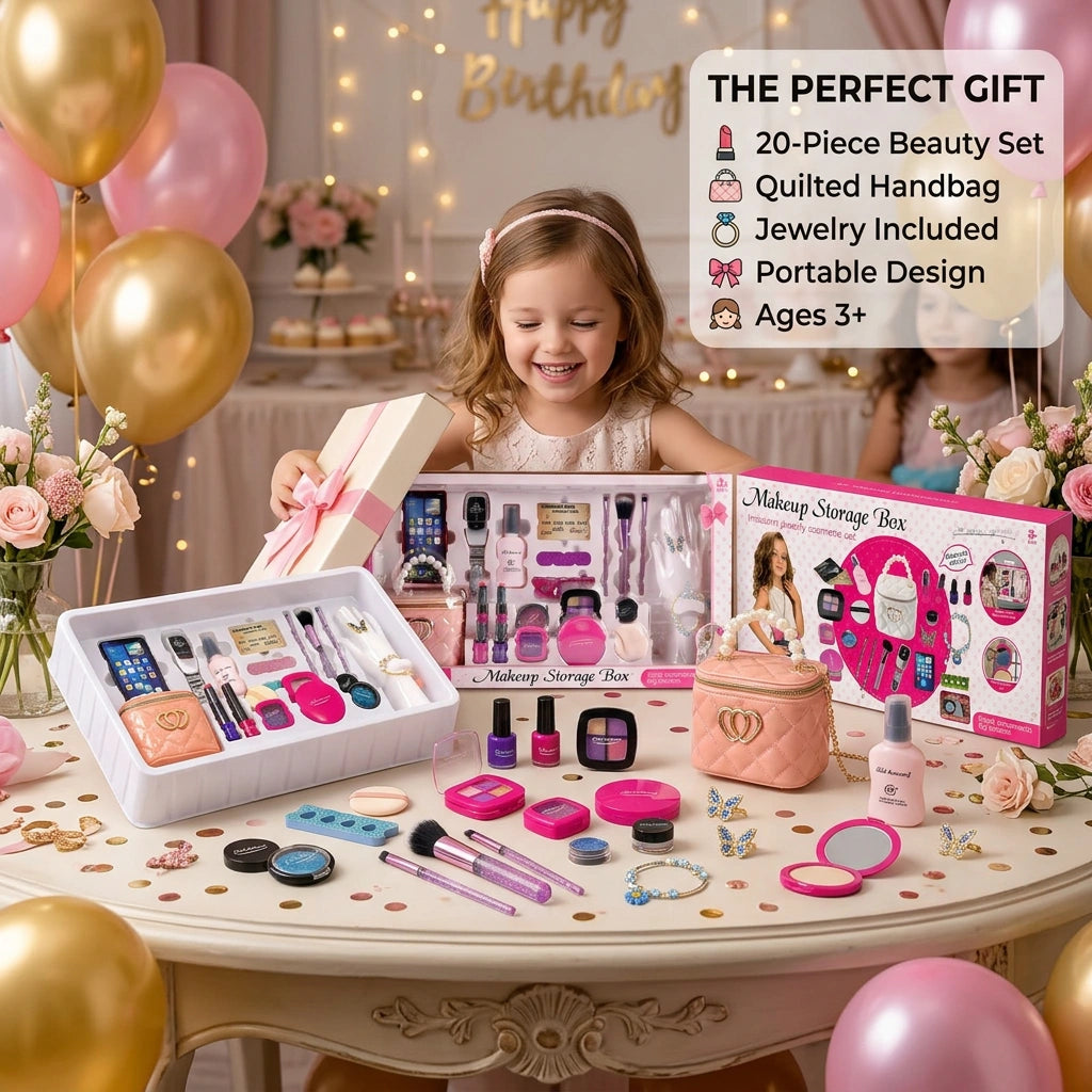 Ultimate Glamour Makeup Storage Box – 20-Piece Jewelry & Cosmetic Playset with Quilted Handbag