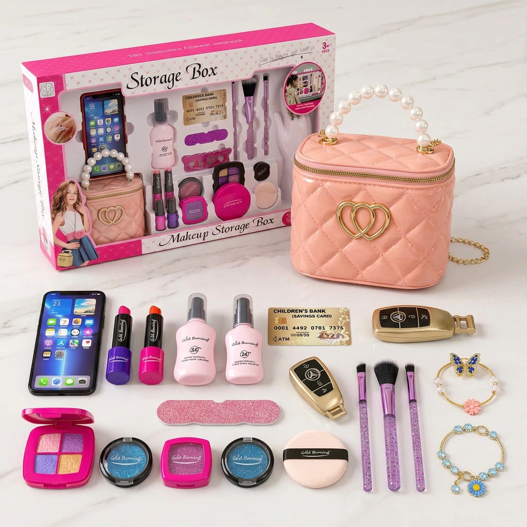 Ultimate Glamour Makeup Storage Box – 20-Piece Jewelry & Cosmetic Playset with Quilted Handbag