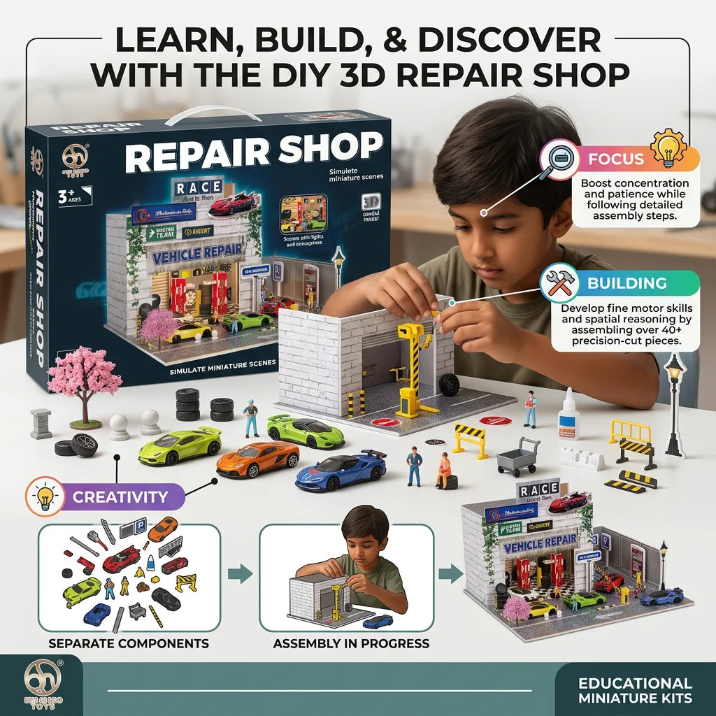 DIY Miniature Repair Shop With 4Pcs Alloy Cars