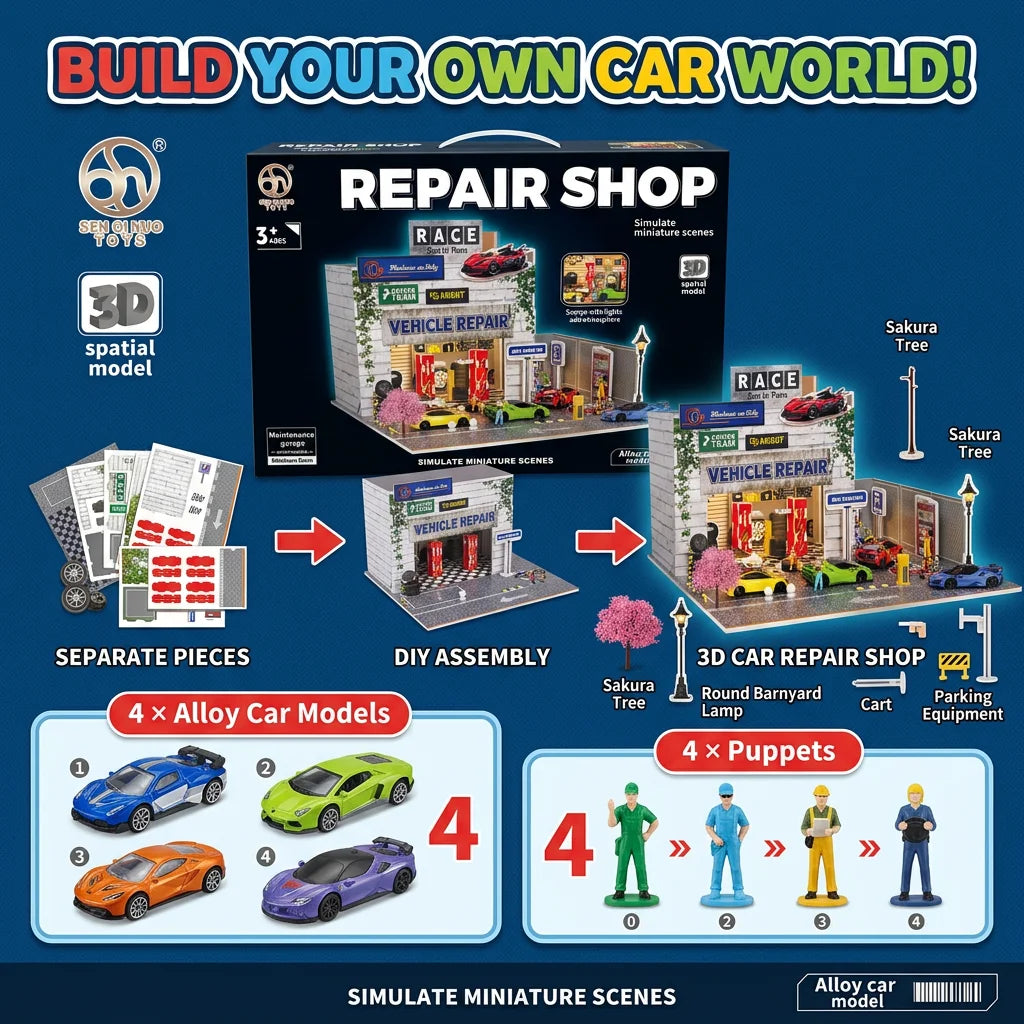 DIY Miniature Repair Shop With 4Pcs Alloy Cars