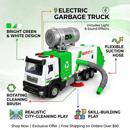 Kids Electric Garbage Truck with Cleaning Brush & Suction Hose