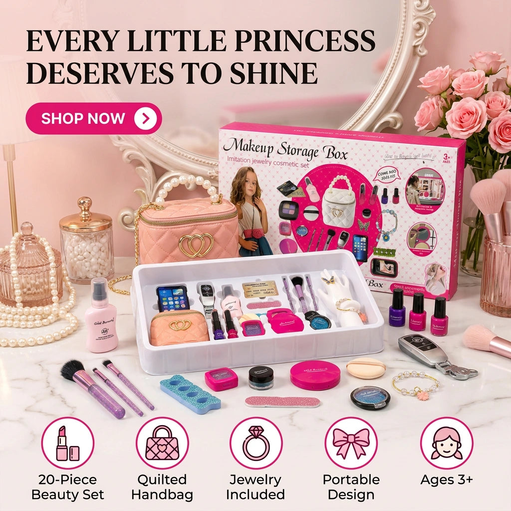Ultimate Glamour Makeup Storage Box – 20-Piece Jewelry & Cosmetic Playset with Quilted Handbag