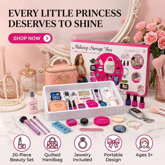 Ultimate Glamour Makeup Storage Box – 20-Piece Jewelry & Cosmetic Playset with Quilted Handbag
