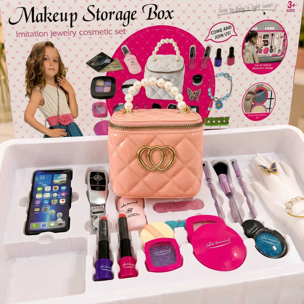 Ultimate Glamour Makeup Storage Box – 20-Piece Jewelry & Cosmetic Playset with Quilted Handbag