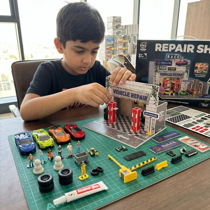 DIY Miniature Repair Shop With 4Pcs Alloy Cars