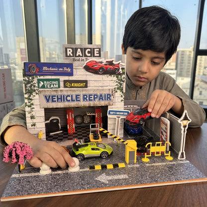 DIY Miniature Repair Shop With 4Pcs Alloy Cars