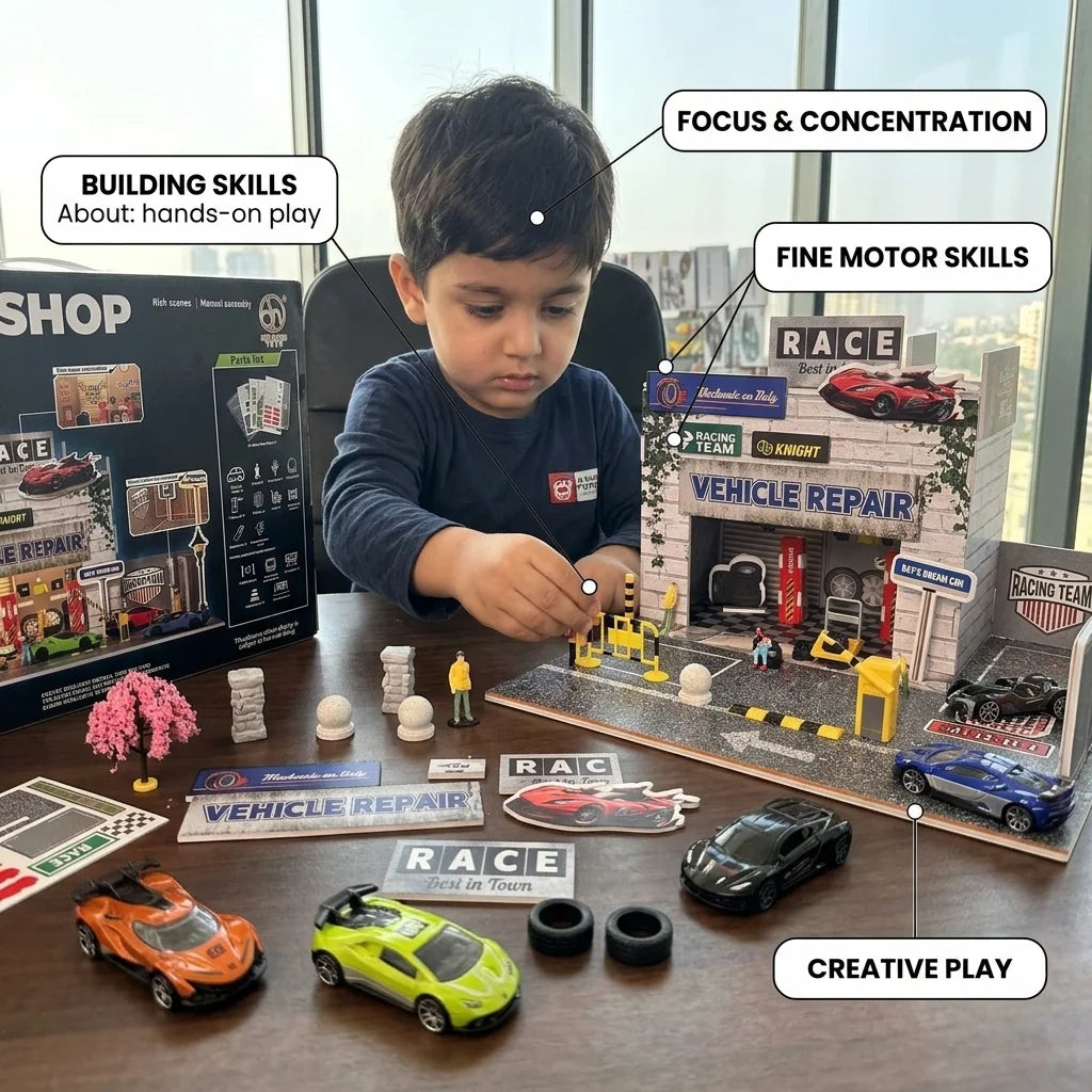 DIY Miniature Repair Shop With 4Pcs Alloy Cars