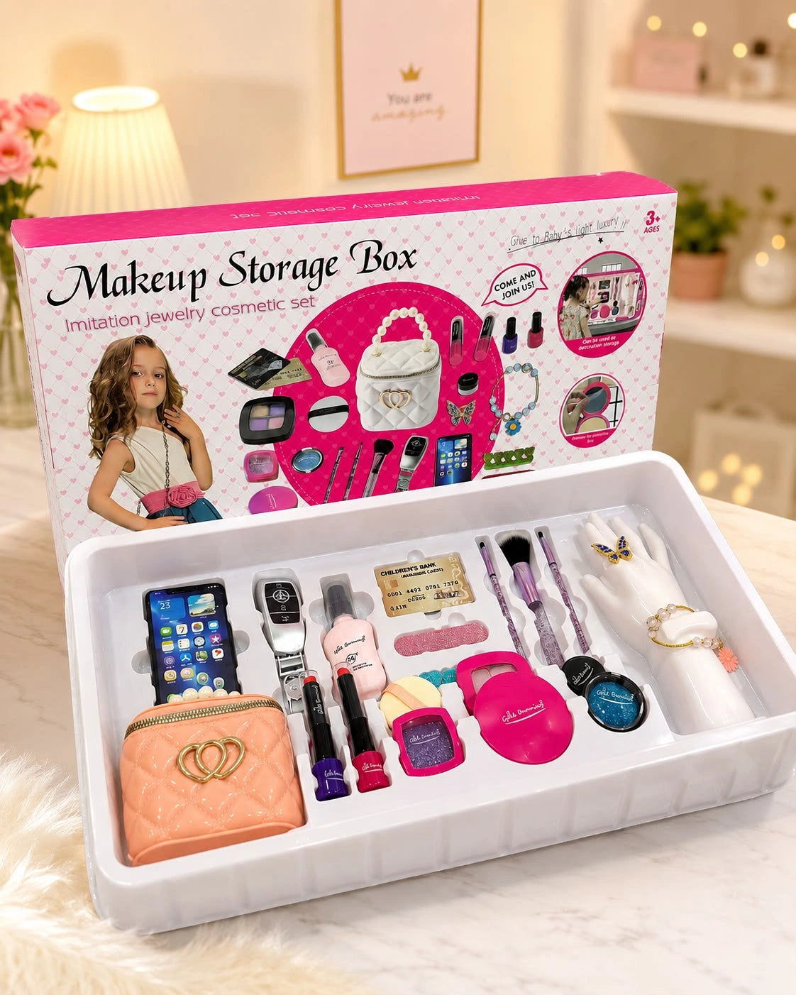 Ultimate Glamour Makeup Storage Box – 20-Piece Jewelry & Cosmetic Playset with Quilted Handbag