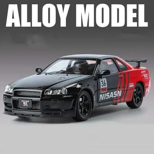 1:24 Scale GTR SKYLINE Alloy Miniature Toys Cars Models with Light Sound 4 Doors Opened Sports Cars