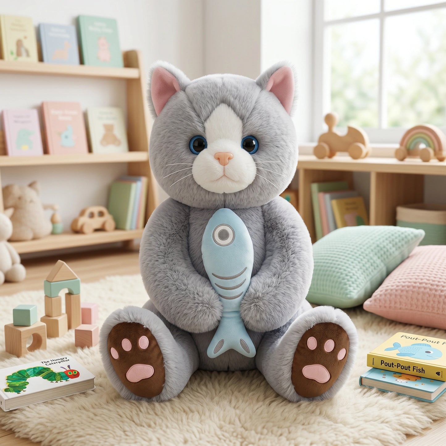 Cute Cat Plush Toy with Fish – Soft Stuffed Kitten Doll