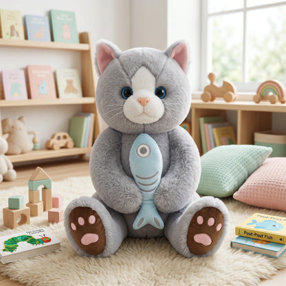 Cute Cat Plush Toy with Fish – Soft Stuffed Kitten Doll