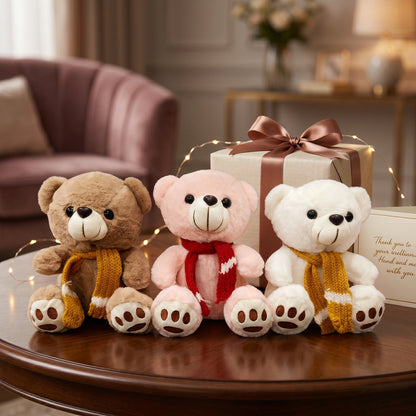 Cute Teddy Bear with Knitted Scarf – Soft Plush Stuffed Toy