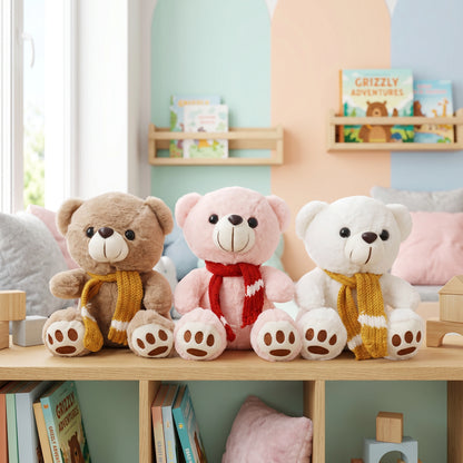 Cute Teddy Bear with Knitted Scarf – Soft Plush Stuffed Toy
