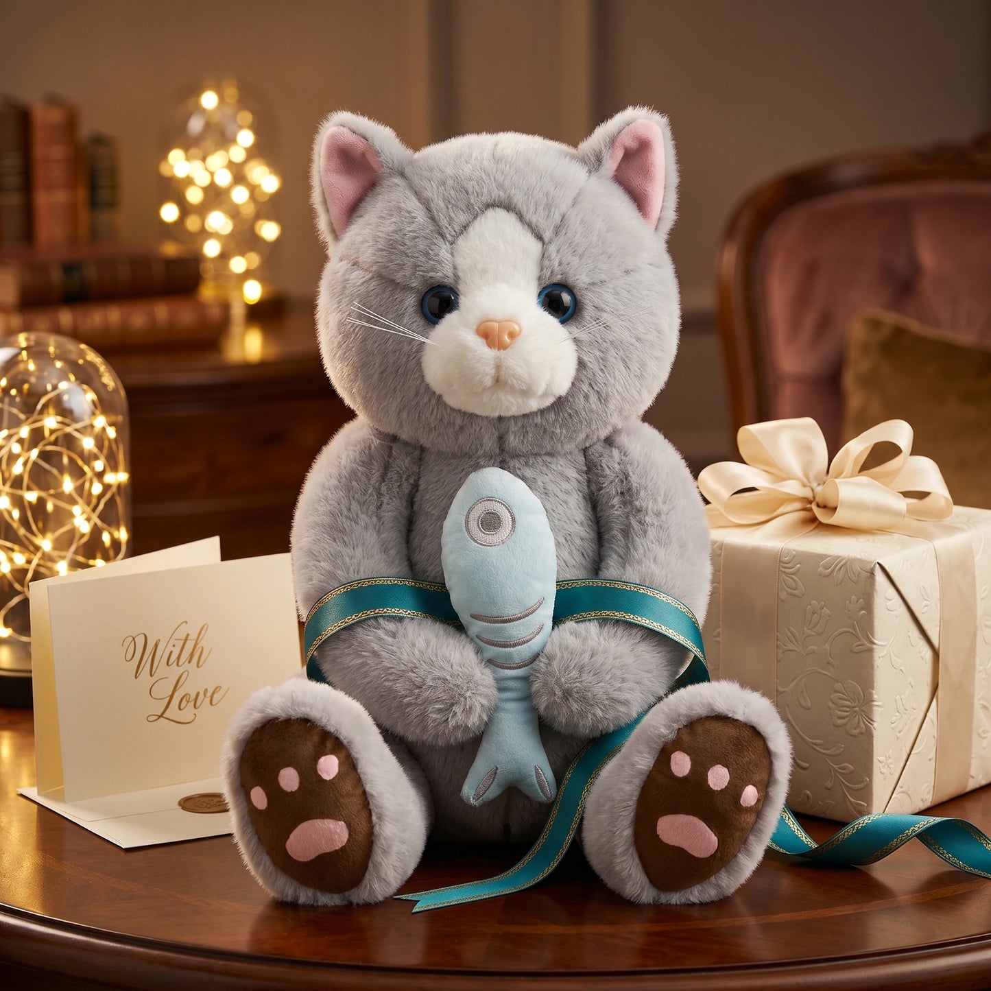 Cute Cat Plush Toy with Fish – Soft Stuffed Kitten Doll