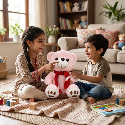 Cute Teddy Bear with Knitted Scarf – Soft Plush Stuffed Toy