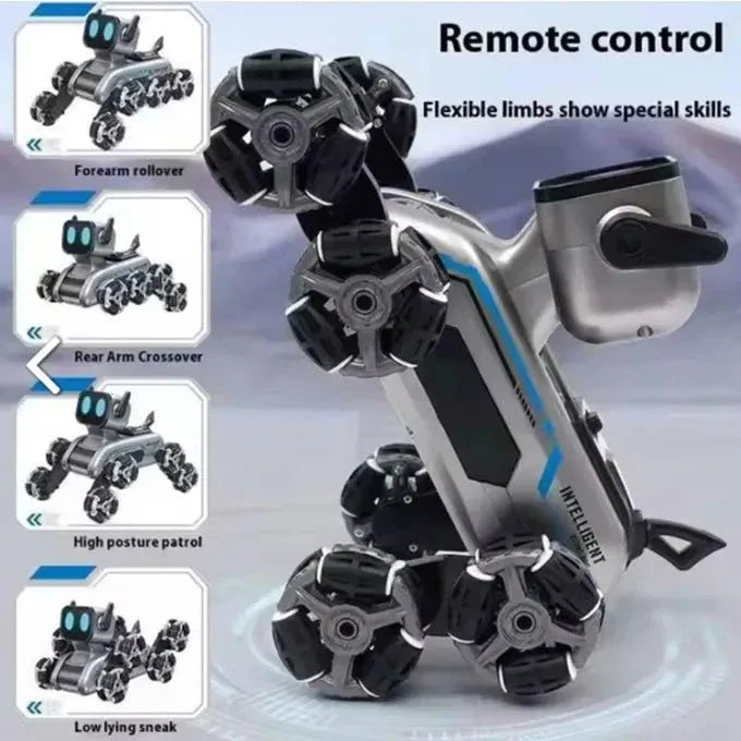 Remote & Watch Controlled Stunt Robot Dog – 8-Wheel 360° Spinner with All-Terrain Tires