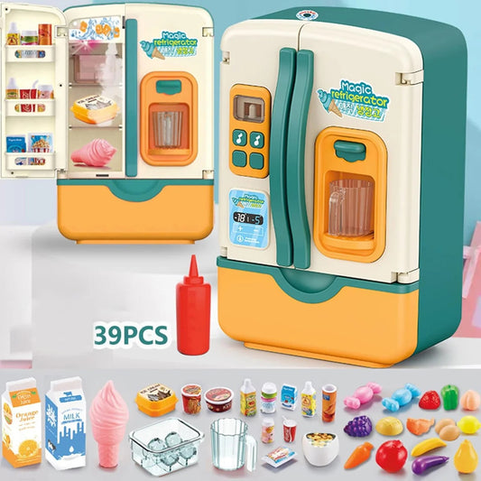 39PCS Multi-Functional Pretend Fridge with Spray – Kids Kitchen Role-Play Refrigerator Toy Set