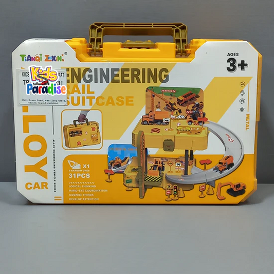 Engineering Racing Kids 31PCS Alloy Car Parking Rail Suitcase Assembling Toy
