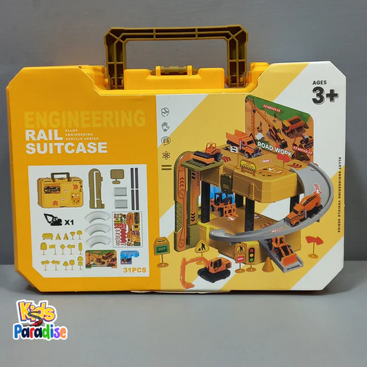 Engineering Racing Kids 31PCS Alloy Car Parking Rail Suitcase Assembling Toy