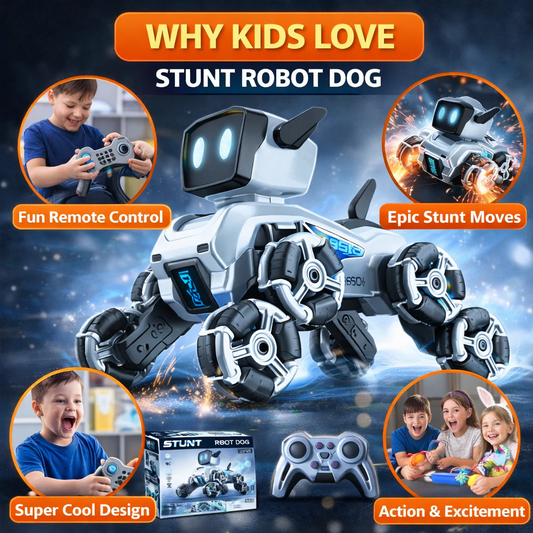 Remote & Watch Controlled Stunt Robot Dog – 8-Wheel 360° Spinner with All-Terrain Tires