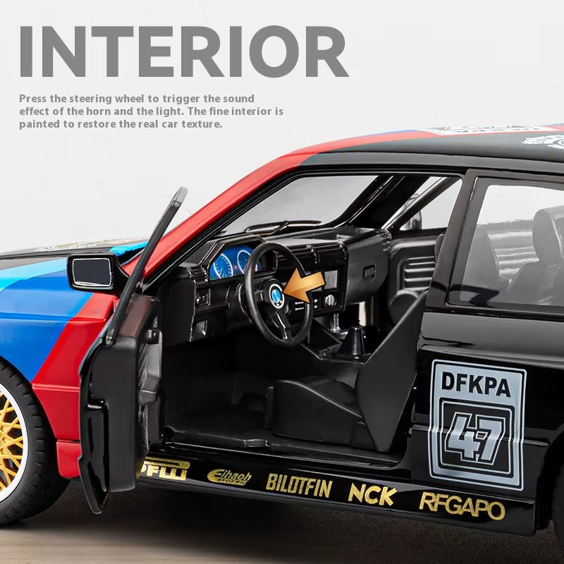 1/24 M3 E30 1988 Mpower Floral Version Alloy Diecast Painting Car Model Sound Light Private Collectibles Decorative Gifts